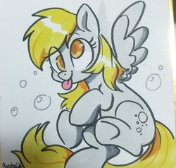 Size: 2048x1946 | Tagged: safe, artist:oofycolorful, derpy hooves, pegasus, pony, g4, :p, bubble, colored pupils, cute, derpabetes, female, mare, mlem, silly, simple background, smiling, tongue out, traditional art, white background