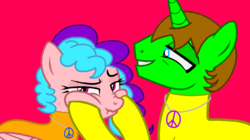 Size: 1024x573 | Tagged: safe, artist:angrybeavers1997, oc, oc only, oc:bella pinksavage, oc:ryan, pony, annoyed, bodysuit, brother and sister, brotherly love, catsuit, cheek squish, cute, female, hippie, jewelry, latex, latex suit, male, necklace, peace suit, peace symbol, rubber suit, sibling, sibling love, siblings, squishy cheeks
