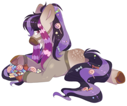 Size: 1430x1200 | Tagged: safe, artist:shady-bush, oc, oc only, earth pony, pony, bridle, candy, female, food, mare, muzzle, prone, simple background, solo, tack, transparent background