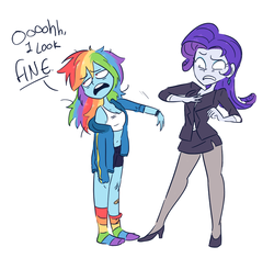 Size: 1224x1151 | Tagged: safe, artist:drawbauchery, color edit, edit, rainbow dash, rarity, equestria girls, g4, alternate clothes, bandaid, business suit, clothes, colored, crime against fashion, cringing, dialogue, duo, duo female, eyeroll, female, high heels, jacket, kneesocks, messy hair, midriff, nylon, off shoulder, pantyhose, rainbow socks, shoes, shorts, simple background, socks, striped socks, tank top, this will end in makeover, tomboy, white background