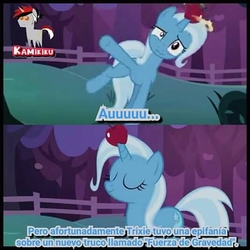 Size: 534x534 | Tagged: safe, edit, edited screencap, screencap, trixie, pony, g4, apple, female, food, horn, horn guard, horn impalement, isaac newton, solo, spanish, translated in the comments