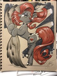 Size: 1536x2048 | Tagged: safe, artist:andypriceart, oc, earth pony, pony, burlesque, choker, ear piercing, earring, female, fishnet stockings, jewelry, mare, piercing, traditional art