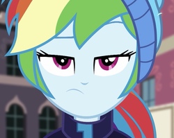 Size: 1041x827 | Tagged: safe, screencap, rainbow dash, blizzard or bust, equestria girls, equestria girls series, holidays unwrapped, spoiler:eqg series (season 2), close-up, cropped, female, looking at you, ponytail, rainbow dash is not amused, solo, unamused, winter outfit
