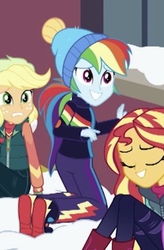 Size: 293x448 | Tagged: safe, screencap, applejack, rainbow dash, sunset shimmer, blizzard or bust, equestria girls, equestria girls specials, g4, my little pony equestria girls: better together, my little pony equestria girls: holidays unwrapped, cropped, cute, dashabetes, female, snow, window, winter outfit