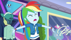 Size: 1280x720 | Tagged: safe, screencap, mile hill, rainbow dash, equestria girls, equestria girls specials, g4, my little pony equestria girls: better together, my little pony equestria girls: holidays unwrapped, background human, canterlot mall, cap, clothes, eyes closed, female, geode of super speed, hat, magical geodes, male, plusplus, upset