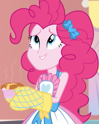 Size: 870x1080 | Tagged: safe, screencap, pinkie pie, equestria girls, equestria girls specials, g4, my little pony equestria girls: better together, my little pony equestria girls: holidays unwrapped, saving pinkie's pie, apron, clothes, cropped, cute, diapinkes, female, food, looking up, smiling, solo, souffle