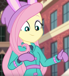 Size: 938x1039 | Tagged: safe, screencap, fluttershy, equestria girls, equestria girls series, g4, holidays unwrapped, spoiler:eqg series (season 2), canterlot high, cropped, cute, female, looking down, mittens, shyabetes, solo, winter outfit