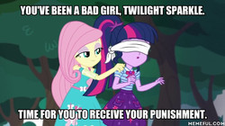 Size: 600x337 | Tagged: safe, edit, edited screencap, screencap, fluttershy, sci-twi, twilight sparkle, equestria girls, g4, my little pony equestria girls: better together, stressed in show, stressed in show: fluttershy, blindfold, caption, cyoa, female, geode of telekinesis, image macro, magical geodes, memeful.com, text