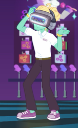 Size: 383x630 | Tagged: safe, screencap, zephyr breeze, dashing through the mall, equestria girls, equestria girls series, g4, holidays unwrapped, spoiler:eqg series (season 2), clothes, cropped, fidget spinner, male, no socks, pants, shoes, solo, vr headset