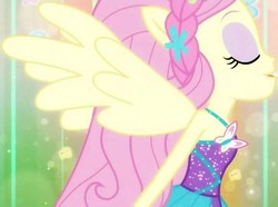 Size: 1547x1152 | Tagged: safe, screencap, fluttershy, cheer you on, equestria girls, g4, my little pony equestria girls: better together, alternate hairstyle, bare shoulders, clothes, cropped, dress, eyes closed, eyeshadow, flower, flower in hair, frills, green background, halterneck, makeup, open mouth, open smile, ponied up, purple dress, simple background, sleeveless, smiling, solo, super ponied up, transformation, wings, yellow light