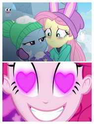 Size: 3106x4096 | Tagged: safe, edit, screencap, fluttershy, pinkie pie, trixie, coinky-dink world, equestria girls, g4, holidays unwrapped, my little pony equestria girls: summertime shorts, spoiler:eqg series (season 2), female, fluttershy's winter hat, hat, heart, heart eyes, lesbian, meme, pinkie the shipper, pinkie's eyes, plusplus, shipping, trixieshy, wingding eyes, winter hat