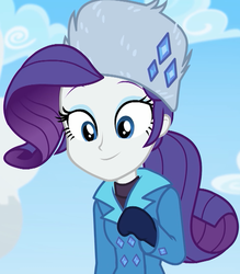 Size: 948x1080 | Tagged: safe, screencap, rarity, equestria girls, equestria girls series, g4, holidays unwrapped, spoiler:eqg series (season 2), cropped, cute, female, jewelry, looking down at you, mittens, raised eyebrows, raribetes, smiling, solo, winter outfit
