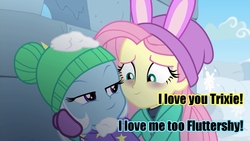 Size: 1440x810 | Tagged: safe, edit, edited screencap, screencap, fluttershy, trixie, equestria girls, equestria girls series, g4, holidays unwrapped, spoiler:eqg series (season 2), bags under eyes, bunny ears, caption, duo, duo female, female, image macro, lesbian, love, meme, out of context, self love, shipping, shipping fuel, snow, text, trixieshy, winter outfit