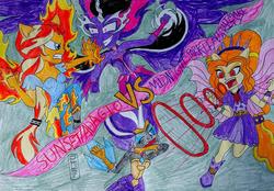 Size: 1024x714 | Tagged: safe, artist:dncsamsonart, adagio dazzle, nightmare rarity, rarity, sci-twi, sunset shimmer, twilight sparkle, equestria girls, g4, my little pony equestria girls: friendship games, my little pony equestria girls: rainbow rocks, equestria's monster girls, fiery shimmer, fight, fire, midnight sparkle, ponied up, sonic scream, traditional art