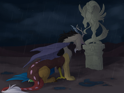 Size: 2541x1909 | Tagged: safe, artist:mrgdog, discord, fluttershy, draconequus, pegasus, pony, g4, facing away, female, frown, grave, graveyard, high res, immortality blues, implied death, male, mare, rain, sad, ship:discoshy, shipping, statue, straight