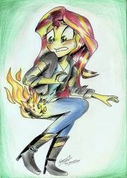 Size: 756x1058 | Tagged: safe, artist:3500joel, sunset shimmer, equestria girls, g4, ass, burned butt, butt, butt fire, caption, fiery shimmer, fire, irony, literal butthurt, ouch, solo, text, this ended in fire, this will end in pain, traditional art