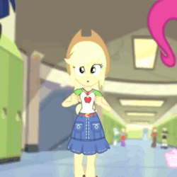 Size: 320x320 | Tagged: safe, screencap, applejack, cloudy kicks, heath burns, pinkie pie, sci-twi, tennis match, twilight sparkle, equestria girls, equestria girls series, g4, holidays unwrapped, spoiler:eqg series (season 2), animated, background human, cropped, geode of super strength, gif, magical geodes, swaying hips