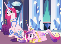 Size: 4640x3336 | Tagged: safe, artist:3d4d, artist:90sigma, artist:sollace, idw, princess amore, princess cadance, g4, crystal empire, cute, cutedance, cutie mark, horn, long horn, mother and daughter, show accurate, sitting, smiling