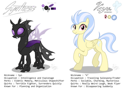 Size: 2700x1920 | Tagged: safe, artist:facelessjr, oc, oc only, oc:synthesis, oc:vespa, changeling, pegasus, pony, changeling oc, disguise, disguised changeling, drone, female, mare, purple changeling, solo, tall
