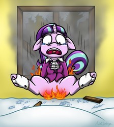 Size: 1145x1280 | Tagged: safe, artist:metalicumbridge, snowfall frost, starlight glimmer, pony, unicorn, g4, abuse, burned, burned butt, butt fire, female, fire, glimmerbuse, literal butthurt, mare, pain, reddened butt, smoke, solo, teary eyes, wide eyes