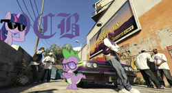 Size: 627x340 | Tagged: safe, editor:undeadponysoldier, spike, twilight sparkle, dragon, human, pony, unicorn, g4, alcohol, ballas, beer, car, crossover, drinking, female, gang, gang member, gangster, grand theft auto, gta v, loitering, male, mare, sunglasses, the ballas, unicorn twilight, varsity jacket