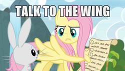 Size: 1596x905 | Tagged: safe, artist:themisto97, derpibooru exclusive, edit, edited screencap, screencap, angel bunny, fluttershy, pegasus, pony, rabbit, g4, she talks to angel, animal, checklist, discovery family logo, duo, female, male, mare, meme, talk to the hand, terminator, wing hands, wings