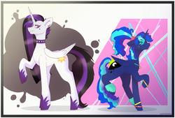 Size: 3496x2362 | Tagged: safe, artist:jayliedoodle, princess celestia, princess luna, alicorn, pony, between dark and dawn, g4, season 9, 80's fashion, 80s princess luna, alternate hairstyle, collar, colored, cute, dark, ear piercing, female, fluffy, gothic, high res, jewelry, mare, messy hair, necklace, piercing, ponytail, punklestia, raised hoof, royal sisters, smiling, spiked collar