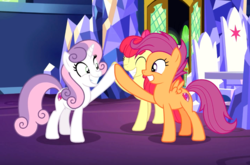 Size: 1019x671 | Tagged: safe, screencap, apple bloom, scootaloo, sweetie belle, earth pony, pegasus, pony, unicorn, g4, growing up is hard to do, cropped, cutie mark, cutie mark crusaders, excited, eyes closed, female, friendship throne, hoofbump, looking at each other, mare, older, older apple bloom, older cmc, older scootaloo, older sweetie belle, smiling, the cmc's cutie marks, trio