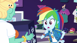 Size: 1280x720 | Tagged: safe, screencap, rainbow dash, zephyr breeze, dashing through the mall, equestria girls, equestria girls specials, g4, my little pony equestria girls: better together, my little pony equestria girls: holidays unwrapped, box, cap, clothes, female, geode of super speed, hat, magical geodes, male, plusplus, skirt