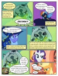 Size: 612x792 | Tagged: safe, artist:newbiespud, edit, edited screencap, screencap, applejack, rainbow dash, rarity, twilight sparkle, zecora, earth pony, pegasus, pony, spider, unicorn, zebra, comic:friendship is dragons, g4, luna eclipsed, clothes, cloud, comic, costume, dialogue, ear piercing, earring, eyes closed, fake beard, female, goggles, golden oaks library, grin, hat, jewelry, mare, neck rings, on a cloud, piercing, quadrupedal, scarecrow, screencap comic, shadowbolt dash, shadowbolts, shadowbolts costume, smiling, star swirl the bearded costume, unicorn twilight, wizard hat, worried