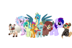 Size: 1095x730 | Tagged: safe, artist:wolfspiritclan, gallus, ocellus, sandbar, silverstream, smolder, yona, oc, oc:adean ruby nights, changedling, changeling, classical hippogriff, dragon, earth pony, griffon, hippogriff, litleo, pegasus, pony, yak, g4, bow, cloven hooves, colored hooves, crossover, dragoness, female, hair bow, headcanon, jewelry, male, monkey swings, necklace, pokémon, ponysona, rockruff, simple background, student six, teenager, vector used, white background