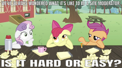 Size: 641x359 | Tagged: safe, edit, edited screencap, editor:undeadponysoldier, screencap, apple bloom, scootaloo, sweetie belle, earth pony, pegasus, pony, unicorn, g4, bored, bow, caption, coffee, coffee mug, cutie mark crusaders, female, filly, image macro, mods, mug, notepad, pencil, picnic table, ponyville schoolhouse, table, talking to viewer, text, thinking