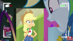 Size: 2500x1406 | Tagged: safe, edit, edited screencap, screencap, applejack, rainbow dash, a queen of clubs, do it for the ponygram!, equestria girls, g4, my little pony equestria girls: better together, applejack's hat, clothes, cowboy hat, denim skirt, female, geode of super speed, geode of super strength, hand on hip, hat, hoodie, magical geodes, rainbow dash's prank fail, screaming, shirt, skirt, t-shirt
