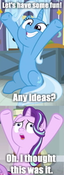 Size: 540x1471 | Tagged: safe, edit, edited screencap, screencap, starlight glimmer, trixie, pony, unicorn, a horse shoe-in, g4, belly, comic, garfield, hooves in air, horn, impact font, screencap comic, text