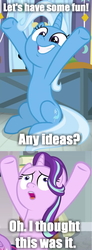 Size: 540x1471 | Tagged: safe, edit, edited screencap, screencap, starlight glimmer, trixie, pony, unicorn, a horse shoe-in, g4, my little pony: friendship is magic, belly, comic, garfield, hooves in air, horn, impact font, screencap comic, text