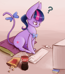 Size: 2079x2378 | Tagged: safe, artist:cookiedesu, twilight sparkle, cat, g4, behaving like a cat, catified, cola cola, computer mouse, high res, keyboard, question mark, species swap, twilight cat