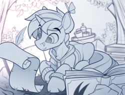 Size: 2100x1598 | Tagged: safe, artist:yakovlev-vad, oc, oc only, butterfly, pony, unicorn, book, clothes, forest, hoodie, levitation, magic, male, patreon, patreon reward, quill, scroll, smiling, solo, stallion, telekinesis, wip