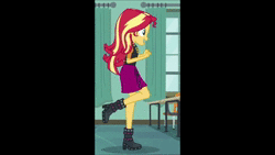 Size: 1920x1080 | Tagged: safe, edit, edited screencap, editor:someguy845, screencap, sunset shimmer, do it for the ponygram!, equestria girls, g4, my little pony equestria girls: better together, animated, boots, canterlot high, classroom, cropped, cute, dancing, female, legs, music, shimmerbetes, shoes, smiling, solo, sound, webm