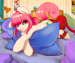 Size: 2560x2125 | Tagged: safe, artist:skygrinder27, oc, oc only, oc:hopple scotch, earth pony, pony, ankle cuffs, bed, bedroom, cuffs, desk lamp, female, high res, indoors, looking at you, lying on bed, mare, picture frame, pillow, poster, solo, ych result