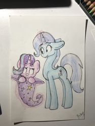 Size: 4032x3024 | Tagged: safe, artist:bilbo1, starlight glimmer, trixie, pony, unicorn, g4, angry, clothes, female, hat, mare, surprised, tired, traditional art, trixie's hat