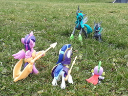 Size: 4128x3096 | Tagged: safe, artist:dingopatagonico, queen chrysalis, shining armor, spike, twilight sparkle, alicorn, changeling, pony, g4, guardians of harmony, irl, misadventures of the guardians, photo, toy, twilight sparkle (alicorn)