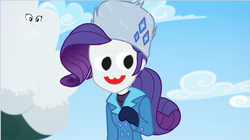 Size: 1281x719 | Tagged: safe, edit, edited screencap, screencap, rarity, equestria girls, equestria girls specials, g4, my little pony equestria girls: better together, my little pony equestria girls: holidays unwrapped, clothes, face, face swap, female, jesus christ how horrifying, jewelry, plusplus, smiling, solo, winter outfit