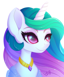 Size: 800x972 | Tagged: safe, artist:twistedcarrot, princess celestia, alicorn, pony, g4, bust, colored pupils, female, lidded eyes, mare, smiling, solo