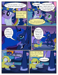 Size: 612x792 | Tagged: safe, artist:newbiespud, edit, edited screencap, screencap, carrot top, golden harvest, lemon hearts, princess luna, spike, star swirl the bearded, twilight sparkle, alicorn, dragon, pony, unicorn, comic:friendship is dragons, g4, luna eclipsed, all fours, background pony, bowing, cloak, clothes, comic, cosplay, costume, dialogue, dragon costume, ethereal mane, fake beard, female, hat, hoof shoes, male, mare, mouse costume, nightmare night costume, onomatopoeia, raised hoof, sad, screencap comic, star swirl the bearded costume, starry mane, twilight the bearded, unicorn twilight, wizard hat