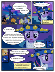 Size: 612x792 | Tagged: safe, artist:newbiespud, edit, edited screencap, screencap, applejack, carrot top, cherry berry, cloud kicker, golden harvest, lemon hearts, meadow song, princess luna, star swirl the bearded, sunshower raindrops, twilight sparkle, alicorn, earth pony, pegasus, pony, unicorn, comic:friendship is dragons, g4, luna eclipsed, background pony, bowing, cloak, clothes, comic, cosplay, costume, devil horns, dialogue, ethereal mane, eyes closed, fake beard, female, freckles, hat, hoof shoes, mare, nightmare night costume, screencap comic, star swirl the bearded costume, starry mane, twilight the bearded, unicorn twilight, wizard hat