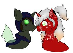 Size: 1024x744 | Tagged: safe, artist:bewarethemusicman, oc, oc only, oc:crimson (ice1517), oc:espio, changeling, pony, unicorn, armor, boop, changeling oc, chest fluff, ear fluff, female, helmet, male, mare, noseboop, oc x oc, shipping, simple background, straight, tattoo, white background