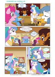 Size: 6197x8760 | Tagged: safe, artist:jeremy3, princess celestia, oc, oc:miss becky, alicorn, earth pony, pegasus, pony, comic:everfree, comic:everfree my friend, g4, apple, cast, chalkboard, clothes, comic, drawing, food, school, school desk