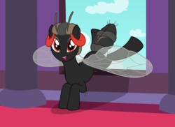 Size: 3108x2268 | Tagged: safe, artist:badumsquish, derpibooru exclusive, oc, oc only, oc:tabatha, bug pony, fly pony, monster pony, original species, series:equestria and the world, antennae, carpet, cloud, eyeshadow, flying, grin, happy, high res, insect wings, landing, looking at you, makeup, palace, queen, red eyes, show accurate, sky, smiling, window, wings