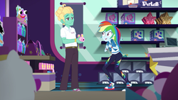 Size: 1280x720 | Tagged: safe, screencap, rainbow dash, zephyr breeze, dashing through the mall, equestria girls, equestria girls specials, g4, my little pony equestria girls: better together, my little pony equestria girls: holidays unwrapped, camera, clothes, converse, female, geode of super speed, magical geodes, male, no socks, pants, pink camera, plusplus, shoes, smiling, sneakers, toy