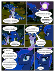 Size: 612x792 | Tagged: safe, artist:newbiespud, edit, edited screencap, screencap, princess luna, twilight sparkle, alicorn, pony, unicorn, comic:friendship is dragons, g4, luna eclipsed, cloak, clothes, cloud, comic, dialogue, ethereal mane, fake beard, female, flying, forest, full moon, hat, hoof shoes, mare, moon, raised hoof, screencap comic, star swirl the bearded costume, starry mane, traditional royal canterlot voice, unicorn twilight, wizard hat, worried